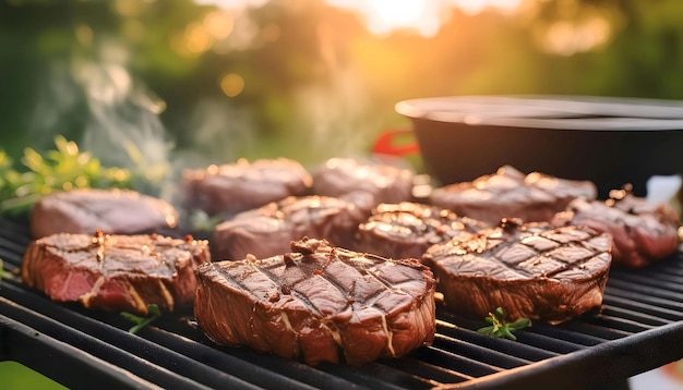 Photo close up of grill with meat cooking