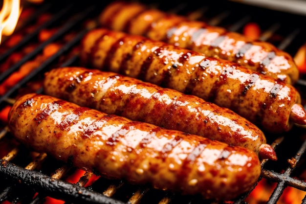 A close up of a grill with sausages on it