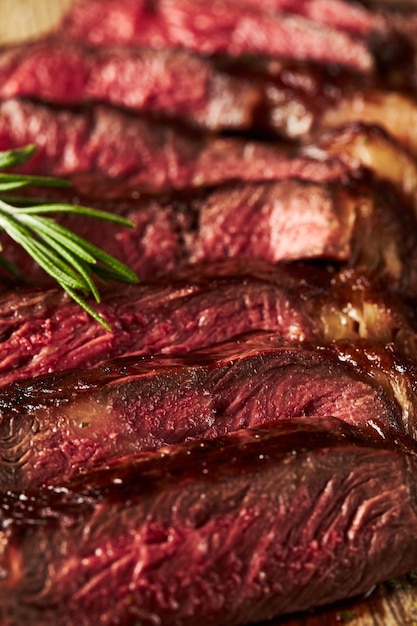 Close up of grilled Medium Rare Ribeye steak with salt cristals