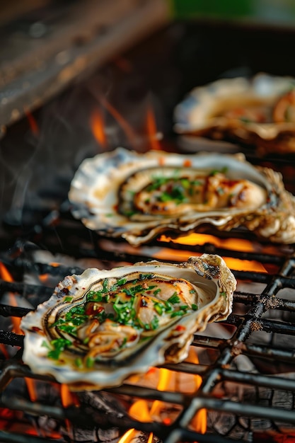 close up of grilled oysters Selective focus