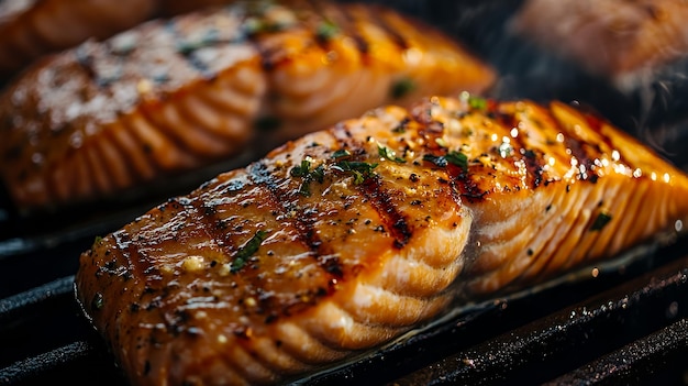 Close up of a grilled salmon fillet on a hot grill with a crispy skin and seasoned with salt and pepper