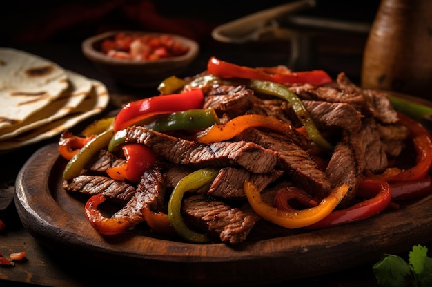 Close up of grilled steak fajitas with peppers and onions served on a black plate