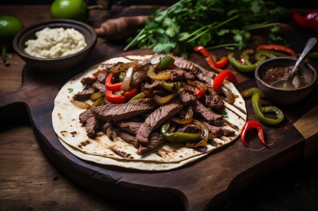 Close up of grilled steak fajitas with peppers and onions served on a black plate