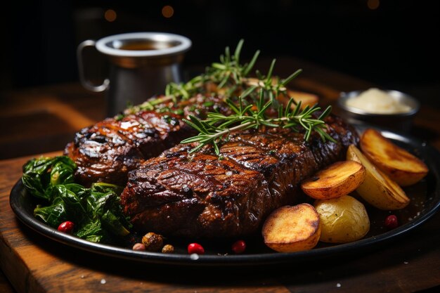 Close up of grilled steak served with roasted potato