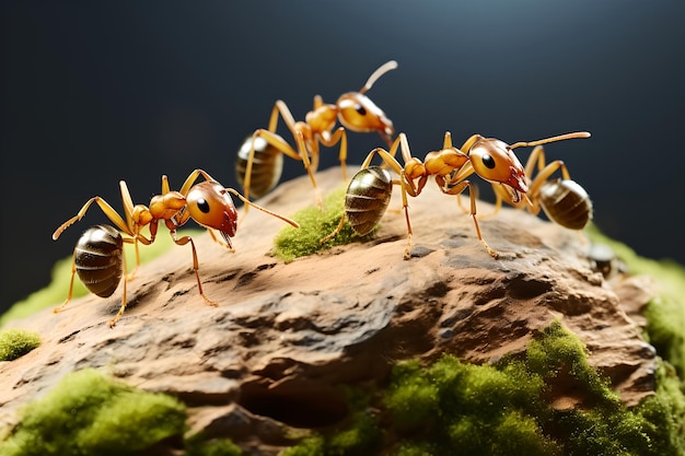 Photo close up group of ants standing on top of a rock on the forest