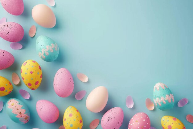 a close up of a group of colorful easter eggs on a blue surface generative ai