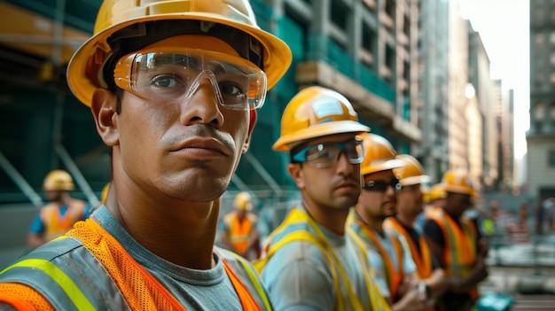 Close up Group of construction workers in safety gear at a building site Design for Labor Day