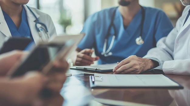 Close up of a group of doctors discussing over a digital tablet