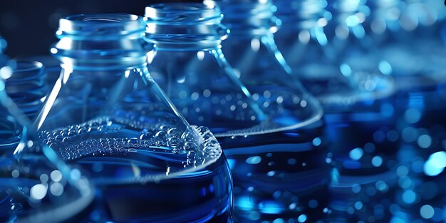 Close up of a group of drinking water bottles on blue background