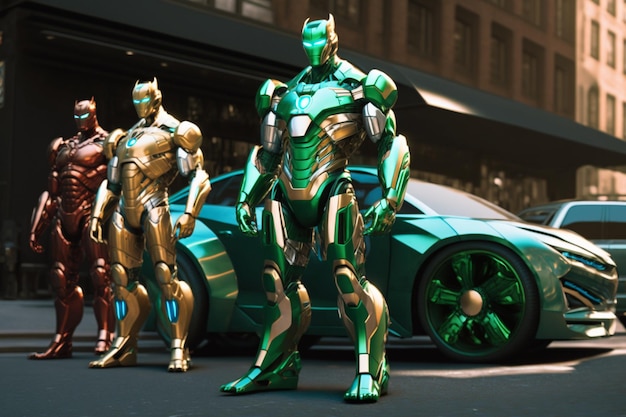 Close up of group metallic colored iron man figures generative ai