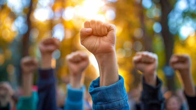 Close up of group of people raising their hands to air in the park