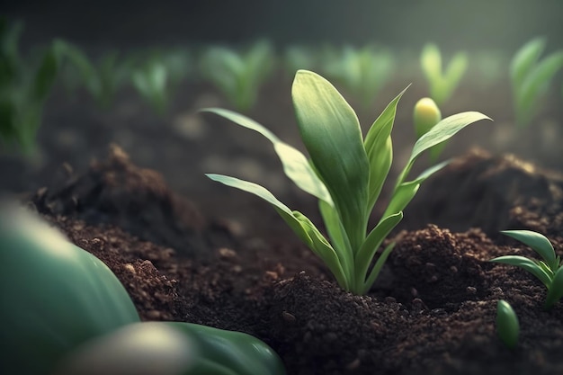 A close up of a group of plants growing in dirt Generative AI