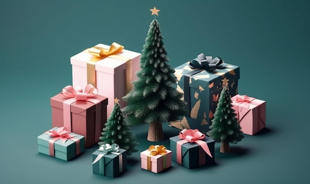 a close up of a group of presents with a christmas tree generative ai