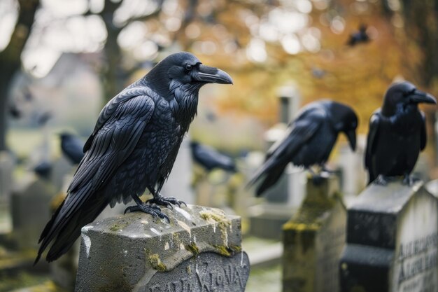 Photo close up group of ravens on cemetry