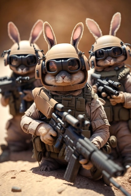 Close up of group three rabbits in military uniforms generative ai