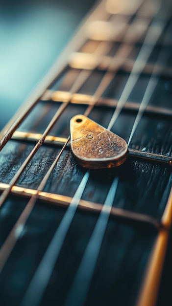 A close up of guitar pick resting on guitar string showcasing intricate details