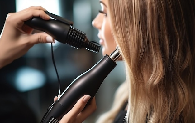 Close up of a hairdresser in a modern salon doing a haircut