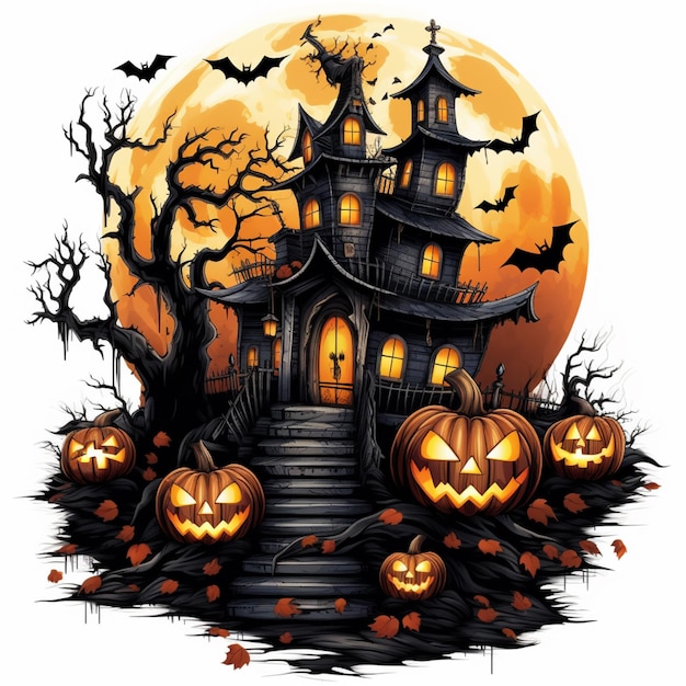 A close up of a halloween house with pumpkins and bats generative ai