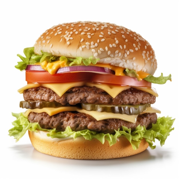 A close up of a hamburger with lettuce, tomato, and onion on it.