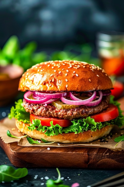 Close up of hamburger with onions lettuce and tomato Generative AI