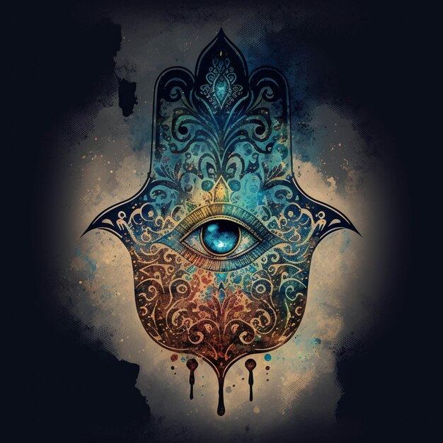 A close up of a hamsa hand with a blue eye generative ai