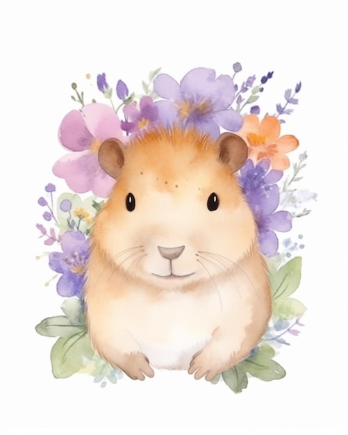 a close up of a hamster with flowers on its head generative ai