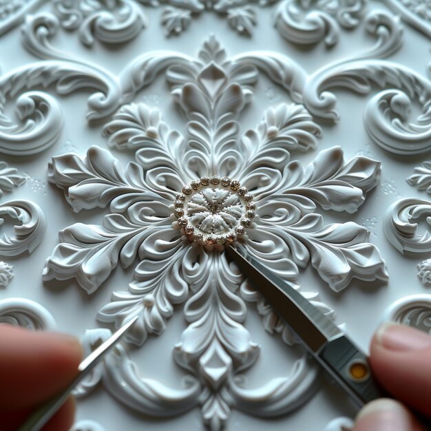 Photo close up of a hand decorating a white ornate design with a pearl ornament