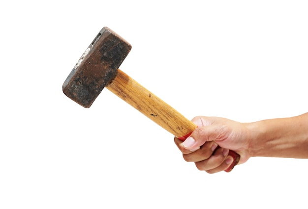 Close up Hand holding a big hammer against a white background .                