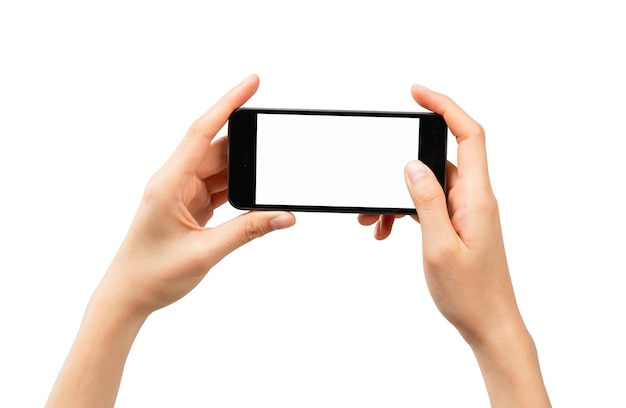 Close-up of hand holding the black smartphone with blank screen, mock-up for application with clipping path.