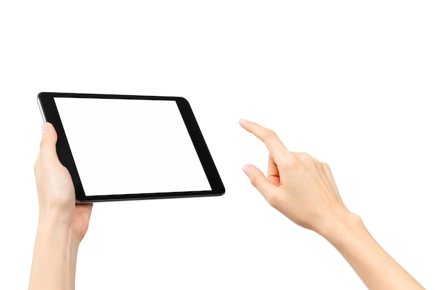 Close-up of hand holding black tablet isolated on white background with clipping path.