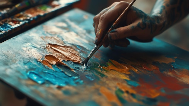 A close up of a hand holding a brush painting on a canvas