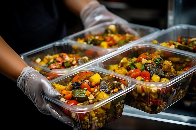 Close up hand holding food container