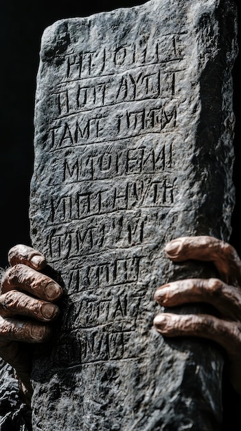 Photo a close up of hand holding stone tablet inscribed with ancient text symbolizing ten commandments texture of stone and details of hand evoke sense of history and reverence