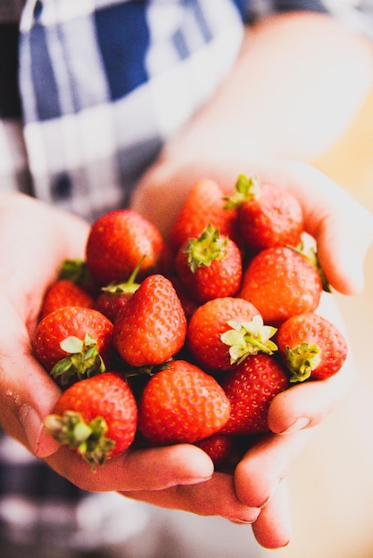 Photo close-up of hand holding strawberries