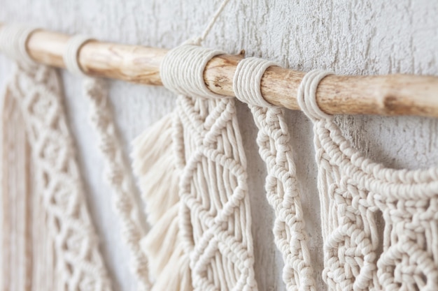 Close-up of hand made macrame knitting