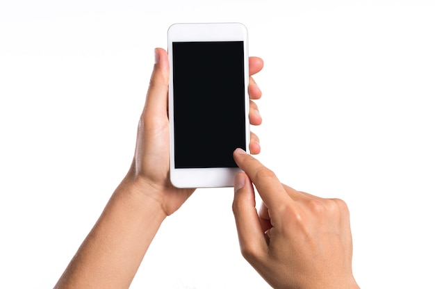 Close up hand of man holding smartphone isolated on white