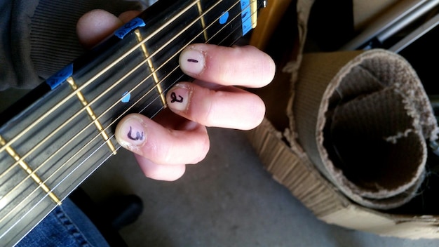 Photo close-up of hand playing guitar