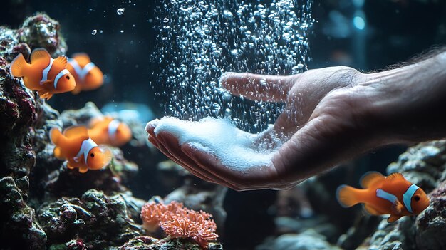 Photo close up of a hand showing the foam of a fish tank filter after cleaning it aquarium generative ai