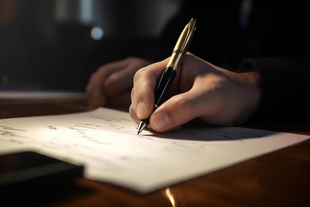 close up a hand signing the document at the table on office room