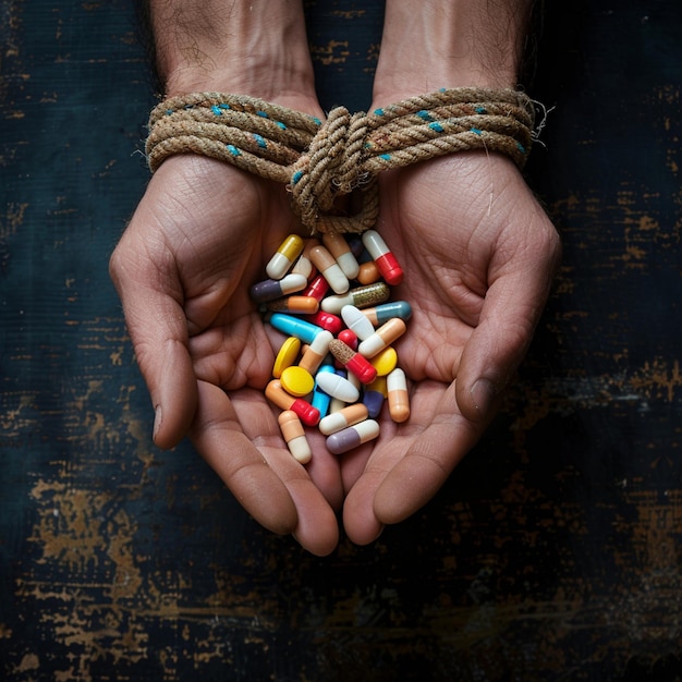 Close up of Hand tide with rope holding some pills and tablets