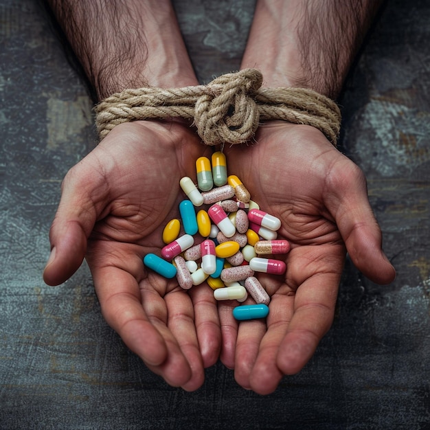 Close up of Hand tide with rope holding some pills and tablets