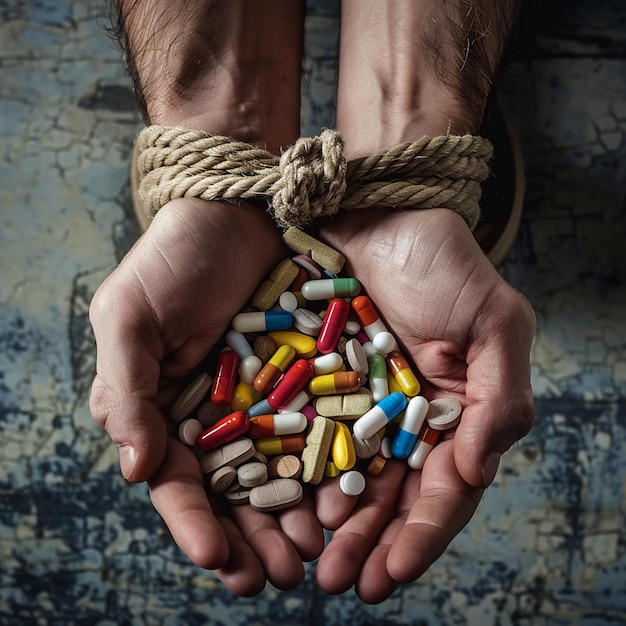 Close up of Hand tide with rope holding some pills and tablets