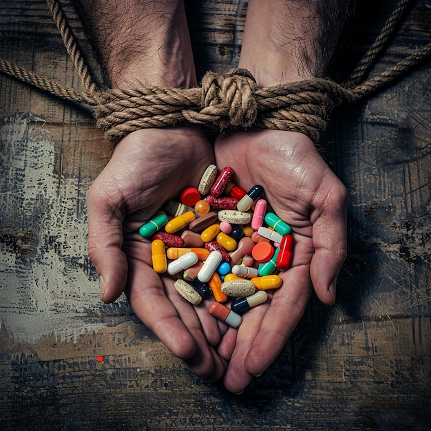 Close up of Hand tide with rope holding some pills and tablets