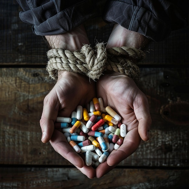 Close up of Hand tide with rope holding some pills and tablets