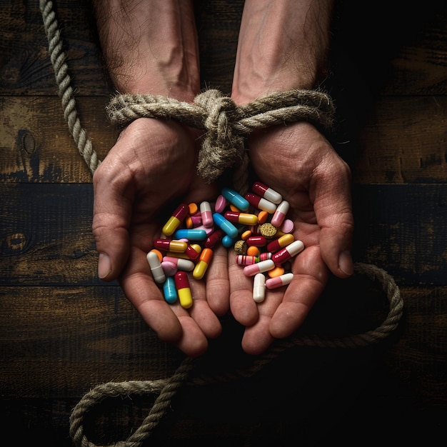 Close up of Hand tide with rope holding some pills and tablets