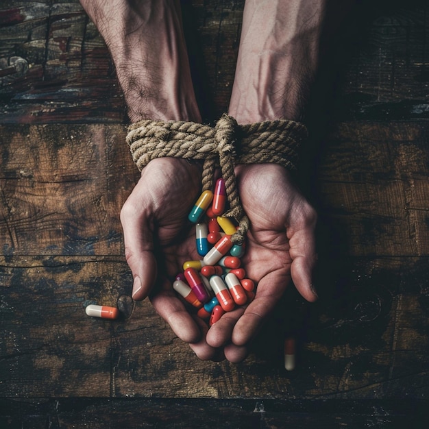 Close up of Hand tide with rope holding some pills and tablets