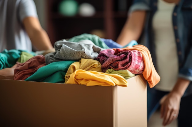 Close up hand of volunteer packing cloth box and donate