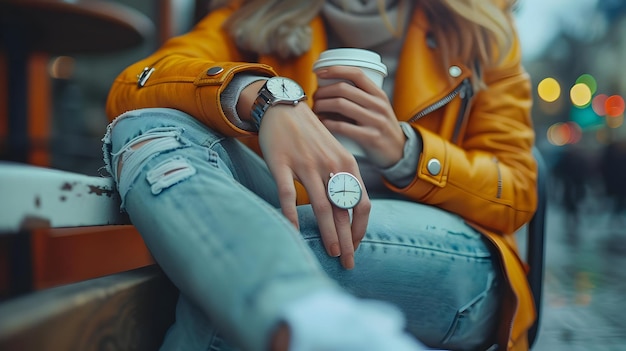 Photo close up of a hand wearing a watch and ring holding a cup of coffee photo