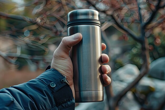 Photo close up on hand with reusable thermos