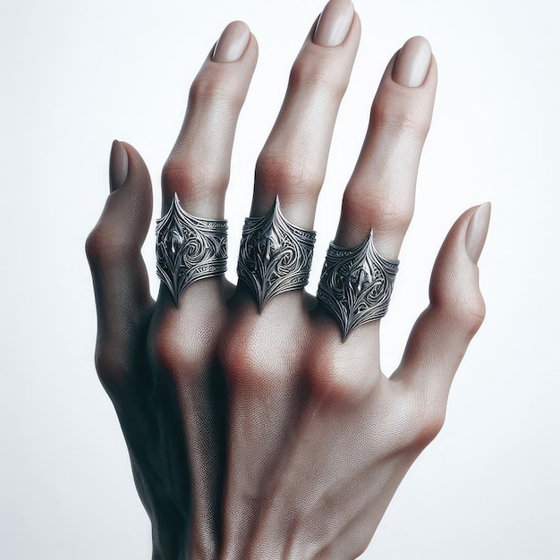 Photo close up of hand with silver ring isolated on white background